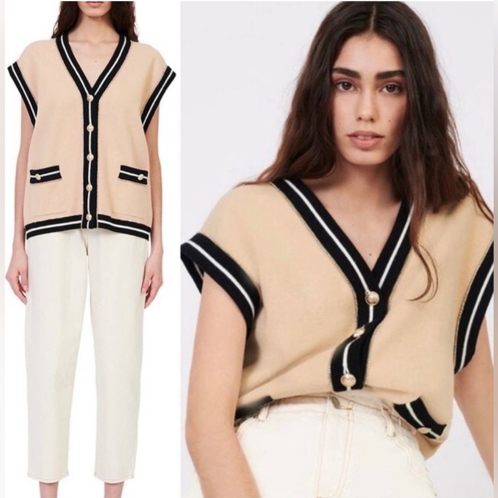 MAJE Marshelli Oversized Sleeveless Cardigan Vest in
Beige/Black, Size S / 2